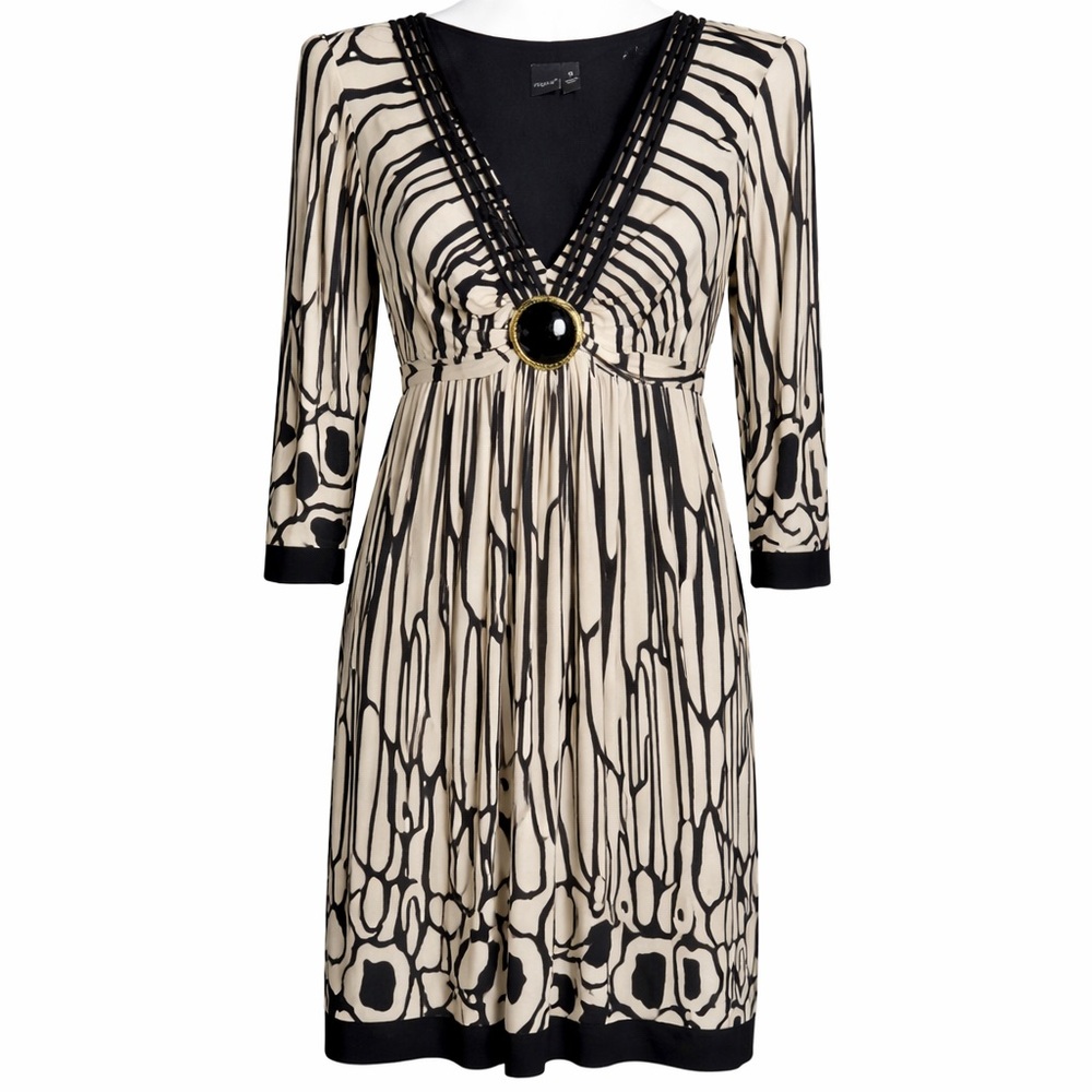Muse Black Ivory Abstract Print Empire Waist Dress Size 14 Statement Chic NWT - Picture 2 of 7